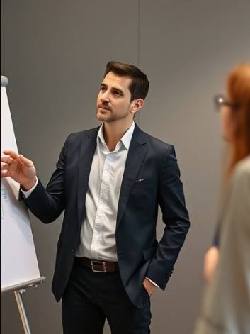 Business person presenting ideas to a customer on a whiteboard.