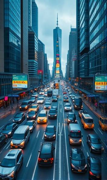 surging traffic surge, bustling, merging on a busy intersection, photorealistic, skyscrapers towering around, highly detailed, car headlights and reflections, high dynamic range, neon colors, evening city lights, shot with a telephoto lens