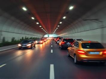 speedy traffic increase, lively, flowing through tunnels, photorealistic, urban greenery on the sides, highly detailed, taillight trails capturing motion, smooth gradients, cool hues, twilight ambiance, shot with a macro lens