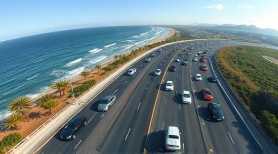 accelerated traffic growth, rapid, spreading across multiple lanes, photorealistic, coastal road with ocean views, highly detailed, wind-swept environment effect, balanced exposure, natural tones, daytime sharp light, shot with a fish-eye lens