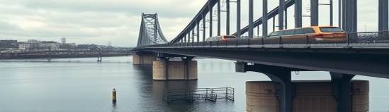 steady traffic flow, constant, traversing a bridge, photorealistic, river running beneath, highly detailed, reflections on water, crisp clarity, muted tones, overcast sky lighting, shot with a tilt-shift lens