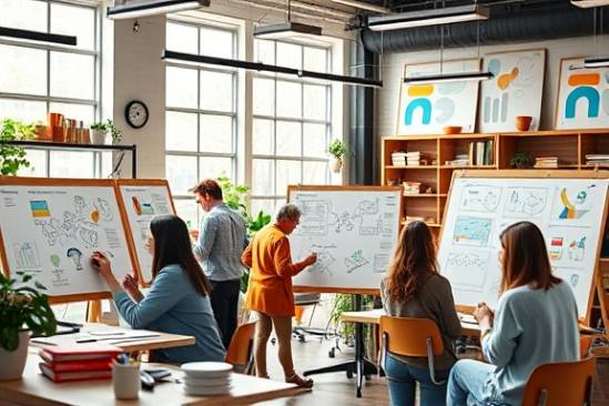 creative email design, innovative style, inspiring ideas, photorealistic, bustling design studio with digital sketch boards, highly detailed, movement of people sketching and typing, high resolution, vibrant color palette, bright daylight through windows, shot with a 35mm lens