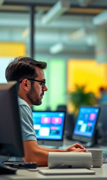 interactive email engagement, attentive expression, fostering connections, photorealistic, vibrant office space with connected devices, highly detailed, lively animations on screens, precise crispness, warm pastel shades, diffused lighting, shot with an 85mm lens