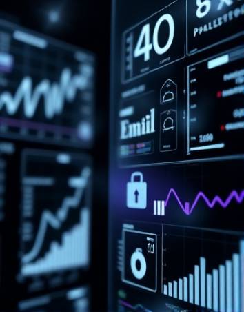 precise email analytics, analytical gaze, interpreting data, photorealistic, futuristic data center with holographic displays, highly detailed, dynamic graphs and charts in motion, deep clarity, monochrome with highlights, focused spot lighting, shot with a macro lens