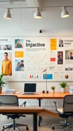 intuitive email campaign, strategic focus, building brand, photorealistic, creative agency office with brainstorming boards, highly detailed, rotation of campaign visuals and text bubbles, extreme definition, colorful branding hues, even studio lighting, shot with a tilt-shift lens
