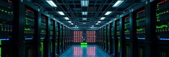 advanced marketing technology setup, modular, streamlining, photorealistic, high-tech lab filled with servers, highly detailed, network visualizations, crisp 1080p display, anthracite and glow green, indirect lighting, shot with a cine lens.
