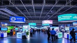 pioneering marketing technology showcase, trailblazing, exhibiting potential, photorealistic, bustling tech fair with interactive booths, highly detailed, experiential environments, retina-ready visuals, tech blues and silvers, trade show lighting, shot with a DSLR lens.