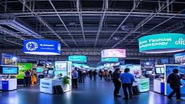 pioneering marketing technology showcase, trailblazing, exhibiting potential, photorealistic, bustling tech fair with interactive booths, highly detailed, experiential environments, retina-ready visuals, tech blues and silvers, trade show lighting, shot with a DSLR lens.