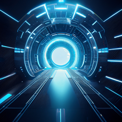 futuristic agency logo, inspiring, evoking creativity, photorealistic, digital space with virtual interfaces, highly detailed, animated visual effects, vector-based rendering, electric neon colors, glow effect, shot with a macro lens.