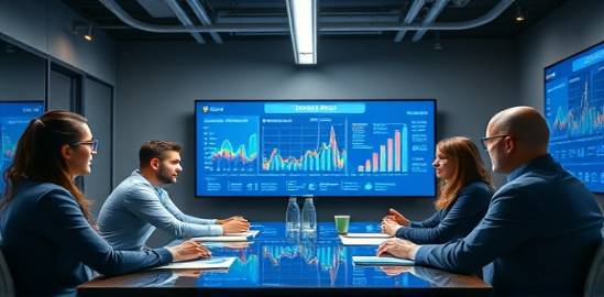 engaged marketing team workshop, collaborative, innovating, photorealistic, modern conference room with digital boards, highly detailed, real-time analytics, 2.5k resolution, professional gray and blue, fluorescent lighting, shot with a zoom lens.