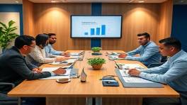 integrated marketing team strategy, strategic, aligning goals, photorealistic, strategic meeting space with smart tables, highly detailed, synchronized digital planners, UHD sharpness, natural wood and blue decor, ideal ambient lighting, shot with a standard lens.