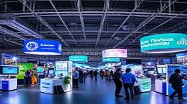 pioneering marketing technology showcase, trailblazing, exhibiting potential, photorealistic, bustling tech fair with interactive booths, highly detailed, experiential environments, retina-ready visuals, tech blues and silvers, trade show lighting, shot with a DSLR lens.