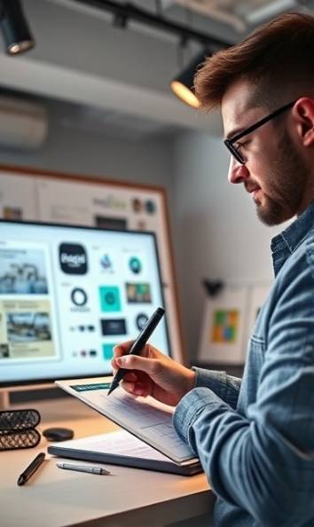 sleek digital branding, confident, sketching logos, photorealistic, modern workspace with mood boards, highly detailed, animated holograms, HDR quality, colorful, spotlight illumination, shot with an 85mm lens.