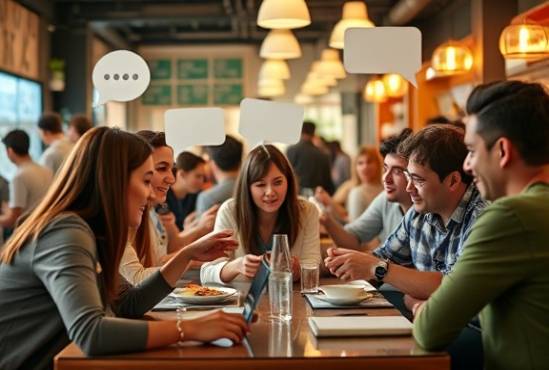 engaging community management, enthusiastic, chatting on multiple devices, photorealistic, bustling cafe with tech-savvy vibe, highly detailed, digital message bubbles, 8K detail, pastel tones, ambient lighting, shot with a 24mm lens.