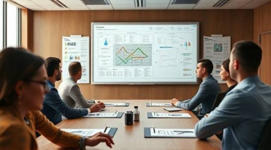 collaborative media strategy, determined, mapping out plans, photorealistic, conference room with smartboards and charts, highly detailed, animated diagrams, full HD, earthy tones, boardroom lighting, shot with a 28mm lens.