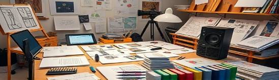 innovative content creation, imaginative, assembling visual stories, photorealistic, artist's workspace covered in sketches and digital tablets, highly detailed, virtual reality overlays, cinematic quality, vivid hues, soft diffused lighting, shot with a 50mm lens.