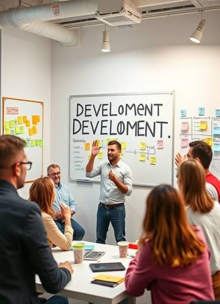 innovative development graphics, excited, presenting, photorealistic, creative studio with whiteboards and colorful post-its, highly detailed, lively group discussions, wide-angle shot, vibrant colors, soft artificial light, shot with a 24mm lens.