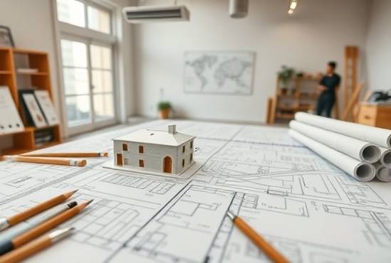 modern development layout, methodical, sketching, photorealistic, architectural office surrounded by blueprints, highly detailed, precise measurements and tools, tilt-shift effect, neutral tones, directional lighting, shot with a tilt-shift lens.