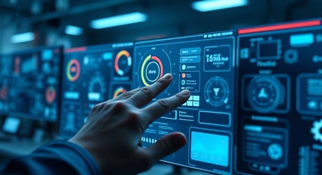 streamlined development interfaces, innovative, designing, photorealistic, digital lab with interactive screens, highly detailed, touch interactions with UI elements, close-up shot, cool color palette, harsh spotlight, shot with an 85mm lens.