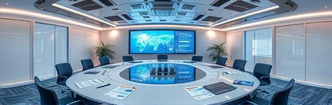 advanced development designs, strategic, planning, photorealistic, boardroom with digital projections, highly detailed, annotated charts and graphs, panoramic view, corporate colors, overhead lighting, shot with a fisheye lens.