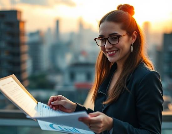 strategic reputation growth, smiling expression, analyzing data, photorealistic, urban rooftop with city skyline, highly detailed, graphs and charts, clarity with bokeh background, vibrant colors, golden hour lighting, shot with an 85mm telephoto lens.