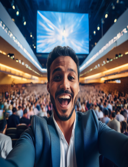 bold reputation branding, triumphant expression, launching a campaign, photorealistic, bustling exhibition hall with banners, highly detailed, audience engagement, dynamic wide angle, warm and bright, spotlights and ambient light, shot with a 24mm wide-angle lens.