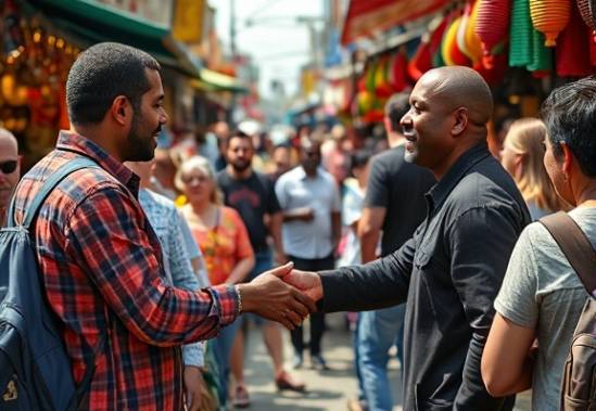 collaborative reputation outreach, passionate expression, connecting with community, photorealistic, vibrant street market with diverse crowd, highly detailed, hands exchanging information, lively and colorful, dynamic shadows, shot with a 35mm lens.