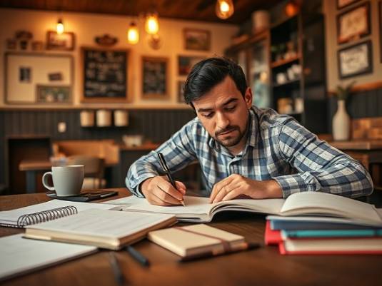 dynamic reputation development, focused expression, sketching ideas, photorealistic, cozy coffee shop with rustic decor, highly detailed, notebooks and pens sprawled, warm and inviting colors, soft diffuse lighting, shot with a 50mm standard lens.