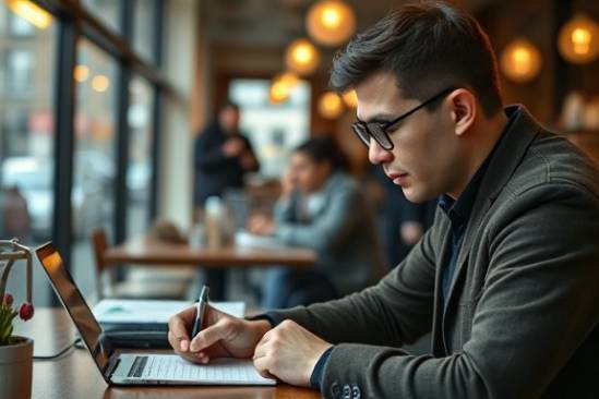 experienced blogger, insightful look, jotting down blogging tips, photorealistic, coffee shop filled with people working, highly detailed, passersby blurred, 85mm lens, earthy colors, overcast lighting, shot with an 85mm lens.