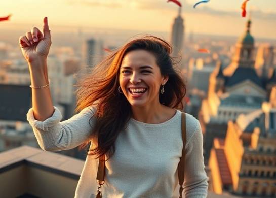 successful blogger, triumphant smile, celebrating blogging success, photorealistic, rooftop overlooking cityscape, highly detailed, blowing wind and confetti around, 35mm lens, vibrant colors, golden hour lighting, shot with a 35mm lens.
