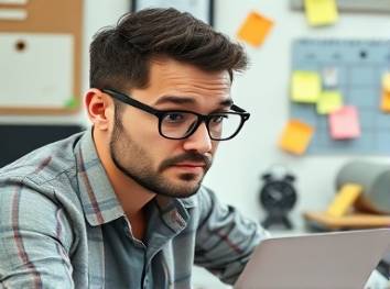 methodical blogger, focused expression, creating a structured blogging plan, photorealistic, tidy workspace with pinned sticky notes, highly detailed, ticking clock in the background, 70mm lens, pastel colors, soft lighting, shot with a 70mm lens.
