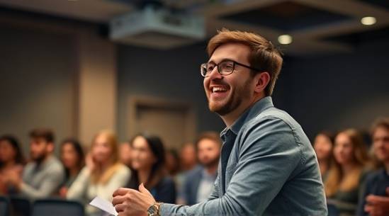 motivated blogger, enthusiastic grin, executing a blogging strategy, photorealistic, seminar with audience clapping and taking notes, highly detailed, digital projector casting light, 50mm lens, neutral tones, fluorescent lighting, shot with a 50mm lens.