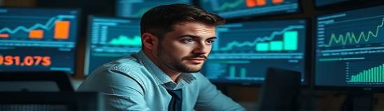 analytic blogger, contemplative look, reviewing blogging success metrics, photorealistic, office with multiple screens displaying graphs, highly detailed, digital numbers scrolling, 90mm lens, cool colors, dimmed lighting, shot with a 90mm lens.