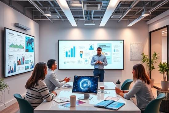 modern marketing design, innovative, inspiring, photorealistic, state-of-the-art office environment with brainstorming teams, highly detailed, animated screens and whiteboards, high resolution, vivid, soft ambient lighting, shot with a wide-angle lens.