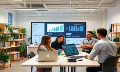 professional agency background, focused, collaborative, photorealistic, open-plan workspace with diverse clientele, highly detailed, interactive displays and charts, full HD, subtle pastel tones, overhead lighting, shot with a 50mm lens.