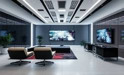 cutting-edge agency design, creative, thought-provoking, photorealistic, minimalist interior with high-end furniture, highly detailed, touchscreens and presentation boards, ultra-sharp, monochromatic with splashes of color, ambient lighting, shot with a macro lens.