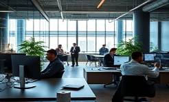 dynamic marketing agency, ambitious, thriving, photorealistic, urban setting with glass-walled offices, highly detailed, busy professionals and digital devices, ultra high definition, bold and contrasting, natural light streaming through windows, shot with a prime lens.