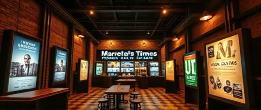 stylish marketing background, elegant, sophisticated, photorealistic, downtown loft space with vintage decor, highly detailed, interactive advertising panels, cinematic resolution, warm earth tones, soft warm lighting, shot with a telephoto lens.