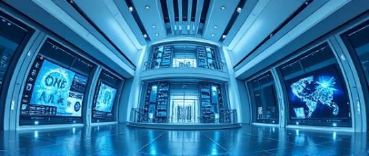 visionary agency design, futuristic, cutting-edge, photorealistic, ultra-modern building with clean lines, highly detailed, holographic displays and VR setups, 8k resolution, cool silver and blue hues, diffused lighting, shot with a fisheye lens.