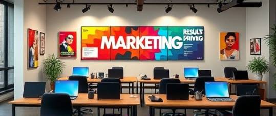 energetic marketing design, motivational, results-driven, photorealistic, collaborative workspace with inspirational posters, highly detailed, laptops and mobile stations, top quality, dynamic multicolor scheme, natural light with spotlights, shot with a zoom lens.