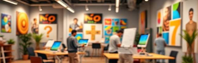 innovative agency background, challenging, trendsetting, photorealistic, creative hub with vibrant artworks, highly detailed, brainstorming sessions and tablet screens, crystal clear, varied spectrum of colors, studio lighting, shot with a tilt-shift lens.