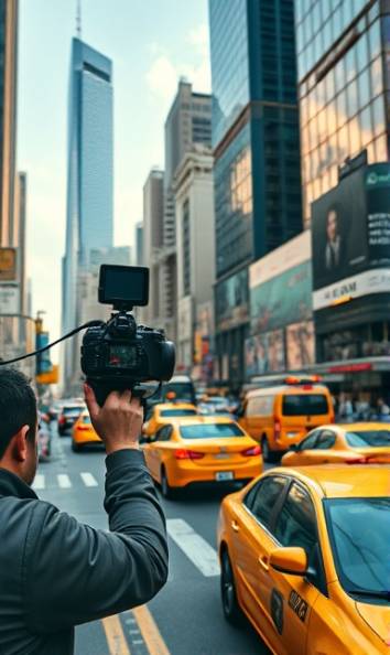 cinematic urban scene, thoughtful director, setting up shot, photorealistic, bustling city backdrop with skyscrapers and yellow taxis, highly detailed, city hustle, 6K resolution, warm tones, natural sunlight, shot with a 35mm lens.