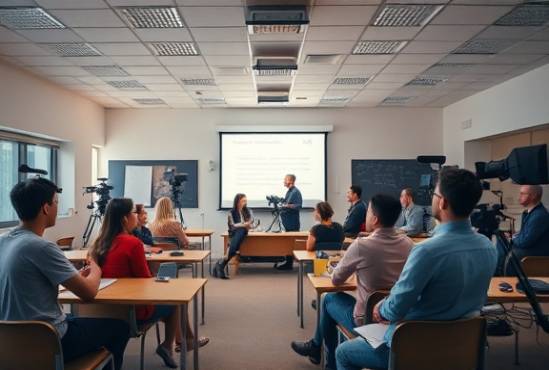 creative film workshop, engaged students, learning techniques, photorealistic, spacious classroom filled with cameras and projectors, highly detailed, animated discussions, 4K resolution, pastel colors, diffused lighting, shot with an 85mm lens.