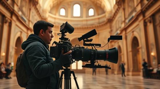 vibrant filmmaking scene, passionate videographer, recording action, photorealistic, dramatic setting in a historic monument, highly detailed, sweeping camera movements, 6K resolution, sepia tones, spotlight lighting, shot with a 16mm lens.